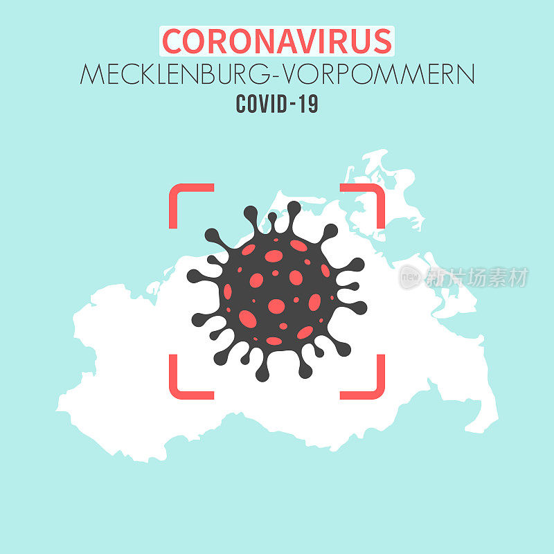 梅克伦堡- vorpommern地图，红色取景器中显示冠状病毒(COVID-19)细胞